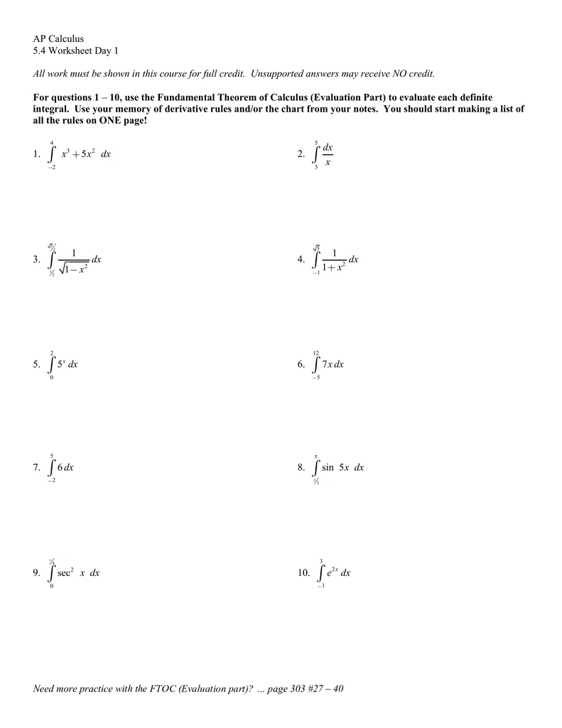 Ap Calculus 5 4 Worksheet Day 1 All Work Must Be Shown In This