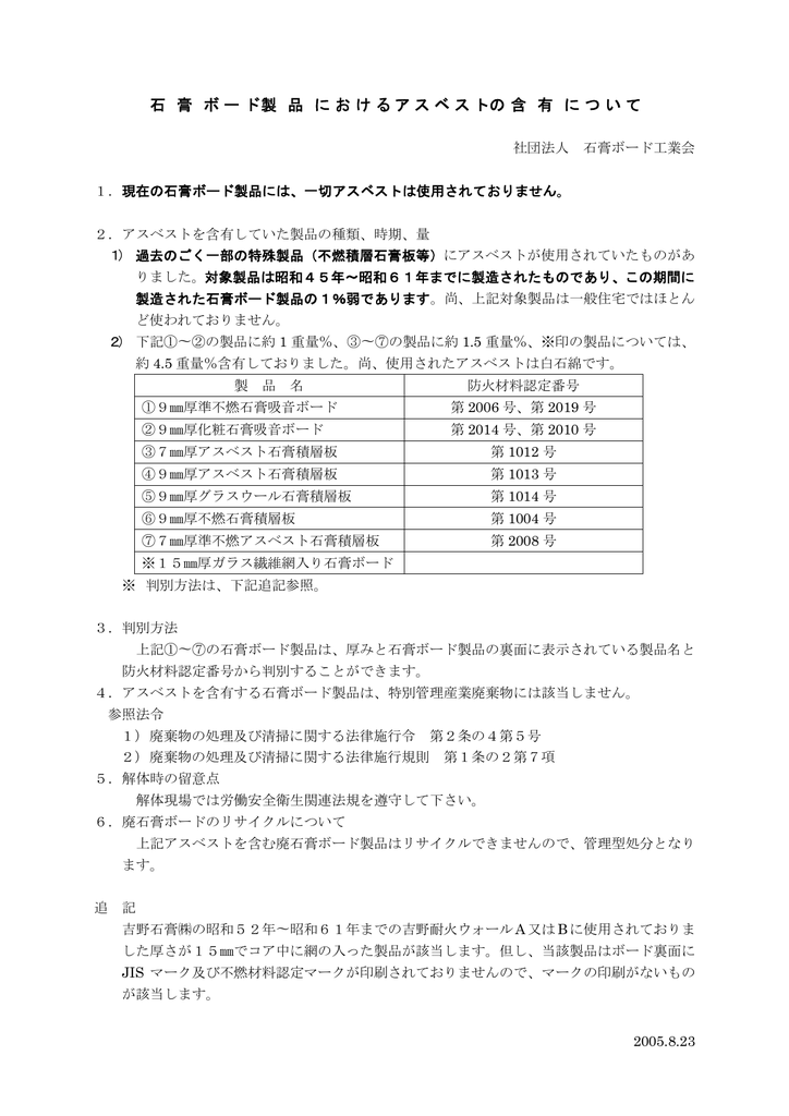 石膏ボードにおけるアスベスト含有について